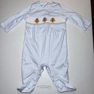 Petit Bebe Baby Boy Smocked Gingham Thanksgiving Outfit Turkey Blue Size 6M